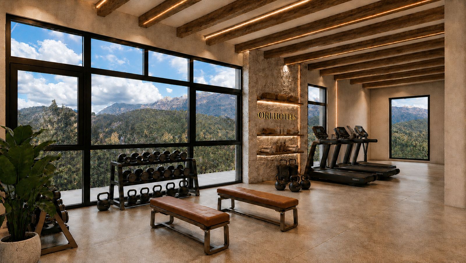 Gimnasio con vista a la montaña