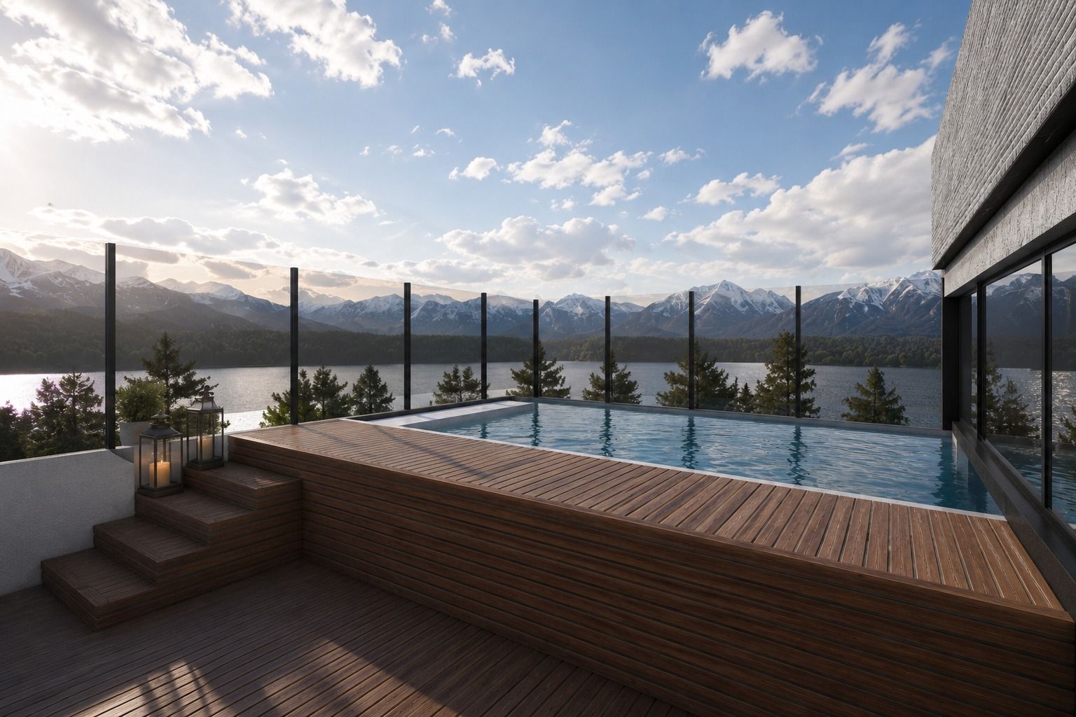 Piscina exterior frente al lago