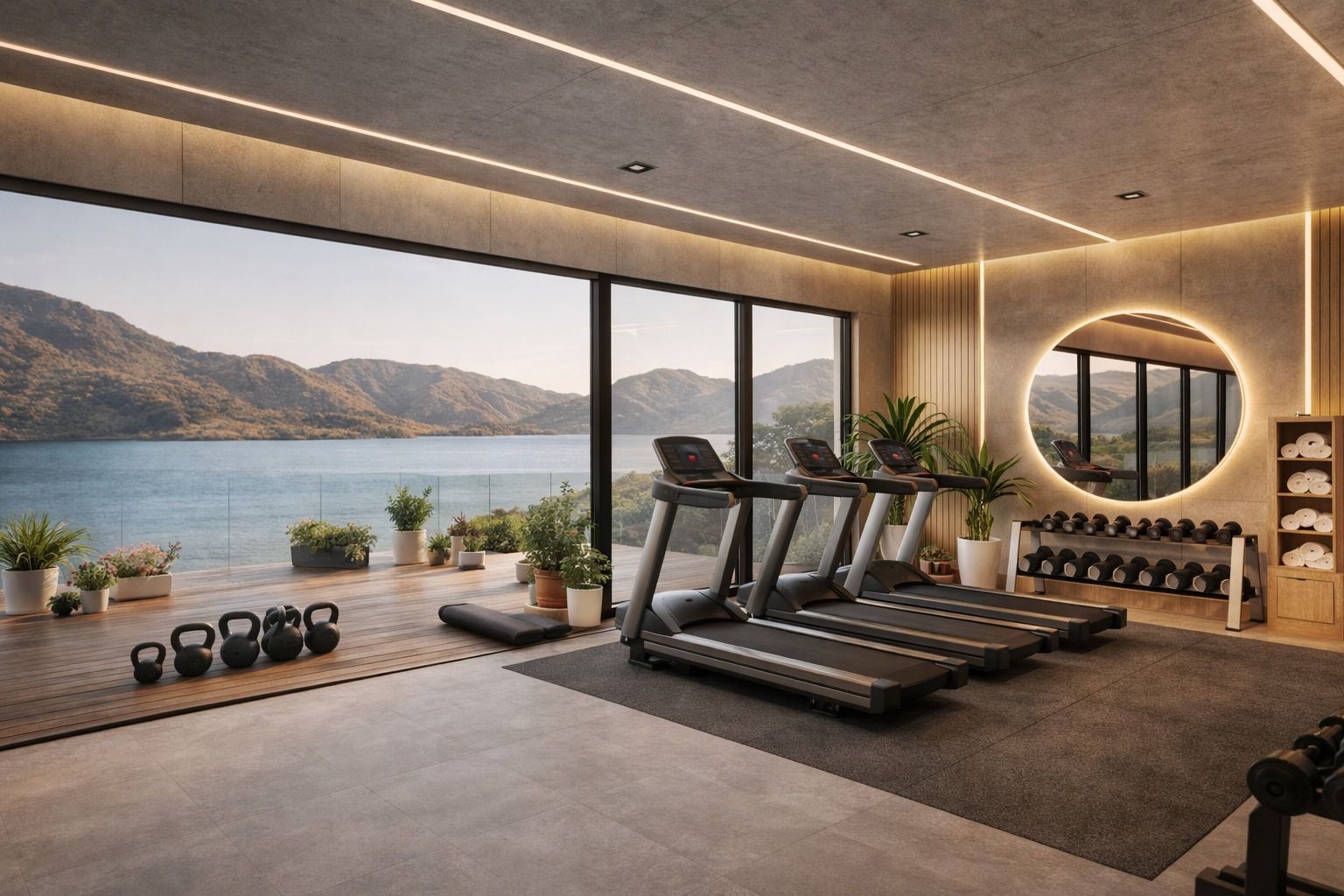 Gimnasio con vista al lago