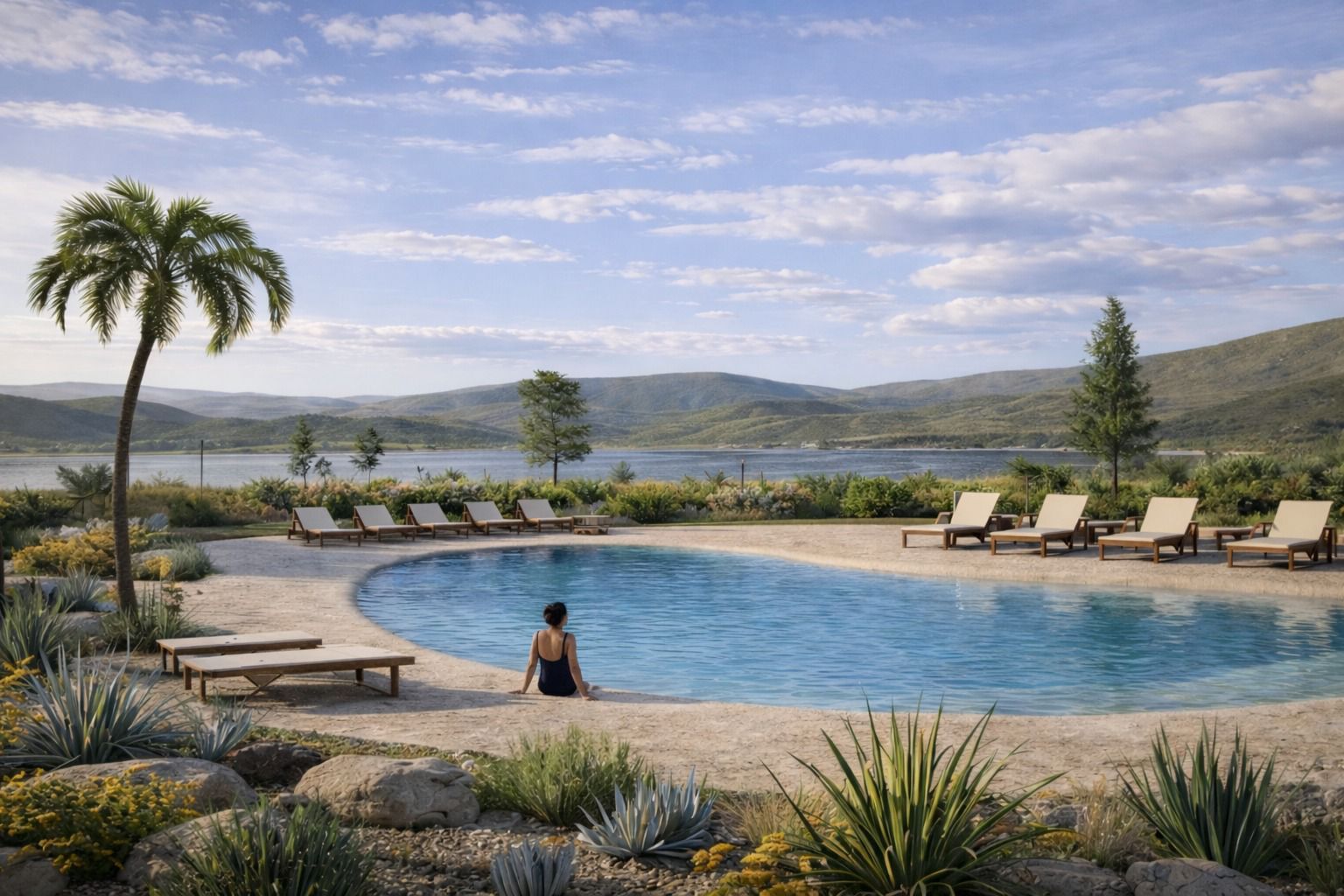 Piscina exterior frente al lago